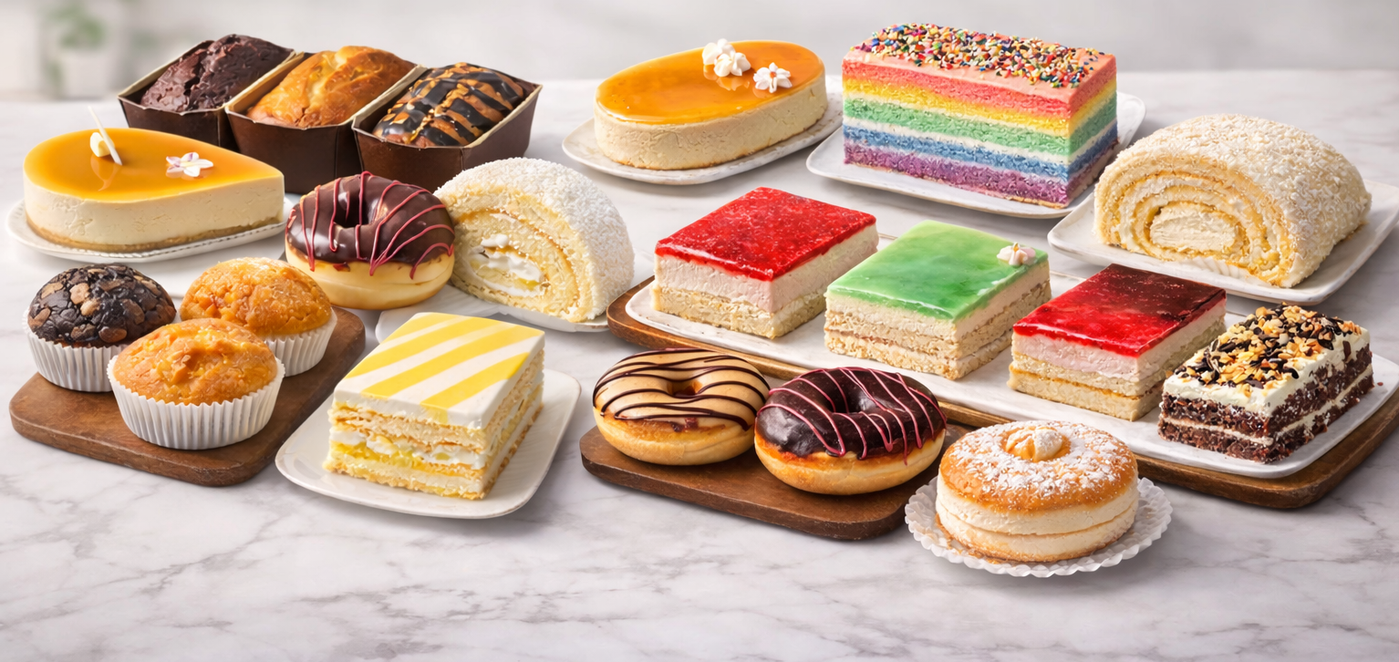 Colourful cakes and sweet treats