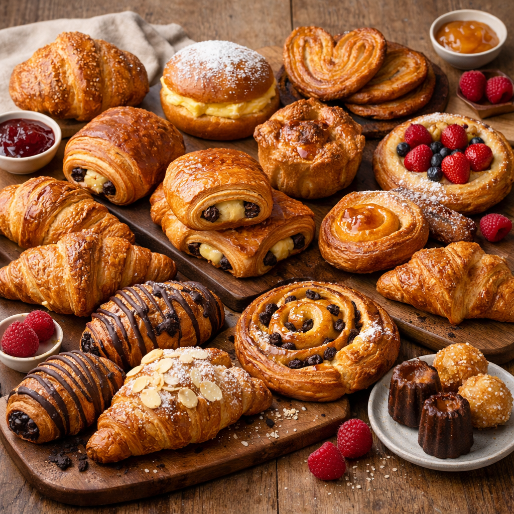 A selection of croissants and sweet pastries